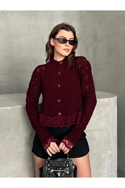 FERZOLAİO Lace Detailed Openwork Summer Burgundy Sweater Knitwear
