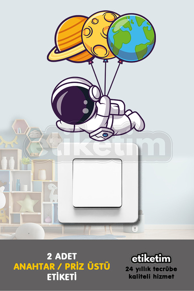 ETİKETİM 2'li Priz Etiketi Gezegenler ve Astronot Temalı Çocuk Odası Dekorati...