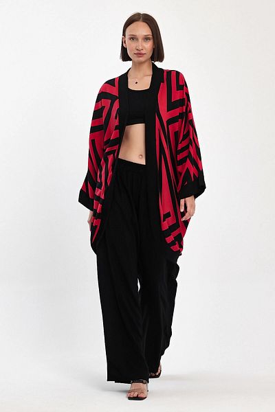 bacc Women's Red Printed Kimono and Pants Woven Bottom Top Set