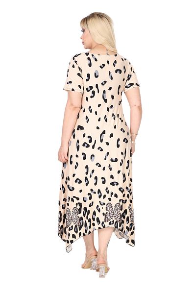 MELSAY Women's Plus Size Short Sleeve Asymmetrical Beige Juicy Leopard Print Dress