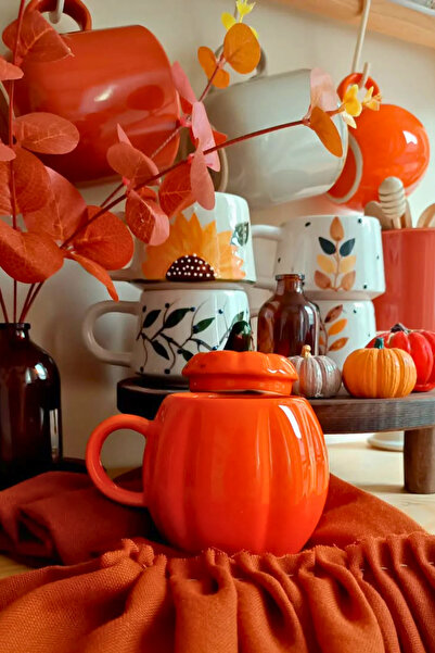 Woodcept Ceramic Pumpkin Cup - 2 Pack with Lids, 225 Ml, Pumpkin Design