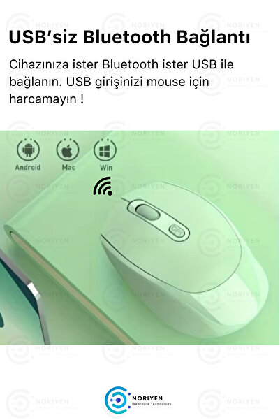 Noriyen Ultra Comfort Silent Plus Yüksek Hassasiyetli 4 Tuşlu 2.4G Kablosuz Bluetooth M3 Mouse Uyumlu