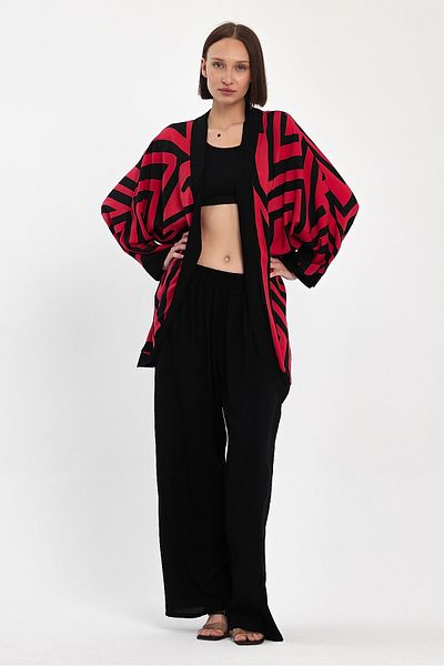 bacc Women's Red Printed Kimono and Pants Woven Bottom Top Set