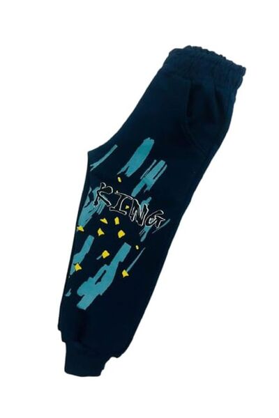 ÇİTO KİDS Boy's 100% Cotton Ecru Navy Blue King Printed Pocket Crew Neck Long Sleeve Tracksuit Set