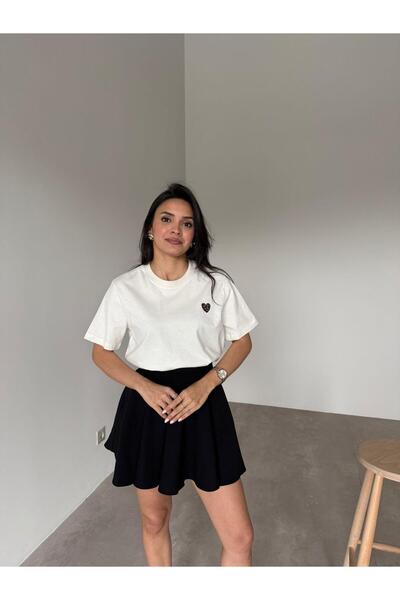 Bade Butik Cream Leopard Heart Basic T-Shirt