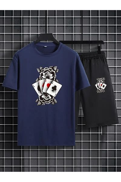 FULL TOLERANCE Yd Design Poker and Rose Flower Printed Unisex Oversize Shorts T-Shirt 2-Piece Set