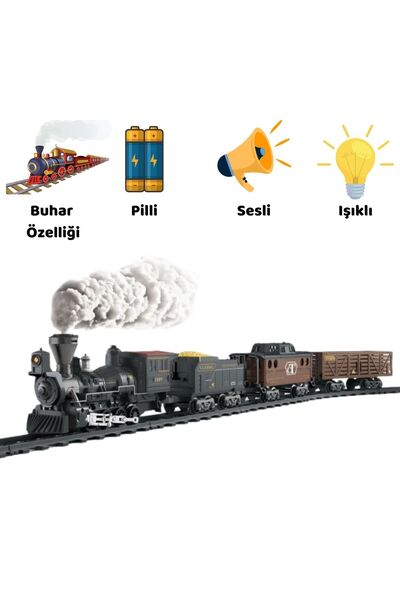 Magicway Işık Efektli ve Sesli 30 Parça Pilli Klasik Buharlı Tren Seti 135cm ...