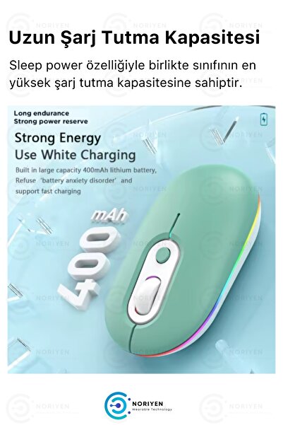 Noriyen Silent Plus RGB Işıklı Ultra Sessiz 4 Tuşlu USB 2.4G Şarjlı Kablosuz Wireless Bluetooth M1 Mouse