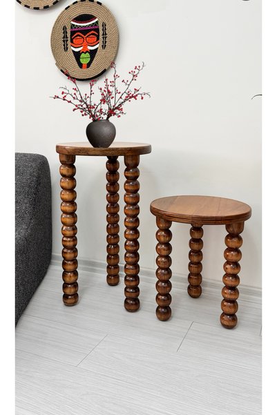 ASELYA HOME Ahşap 2’li Set Boncuk Ayaklı Yan Sehpa Modern Açık Ceviz Fiskos Z...