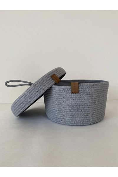 Sevdam Sepet Gray Medium Size Multi-Purpose Basket with Lid, Decorative Basket, Wicker Basket, Rope Basket, Storage Box