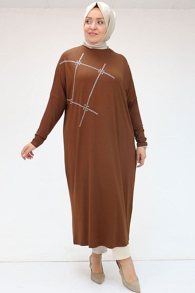 Eslina 58020 Plus Size Stone Printed Combed Cotton Tunic - Brown