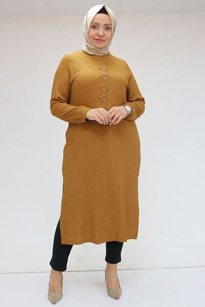 Eslina 58008 Plus Size Front Ring Detailed Wrapped Tunic - Tan