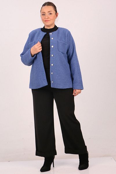 eslamood 33110 Μπουφάν με κουμπιά με σγουρό αρνί Plus Size-Indigo