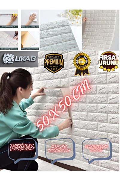 UKAB DEKOR Kendinden Yapışkanlı Tuğla Desenli Beyaz Duvar Paneli  Pratik Deko...