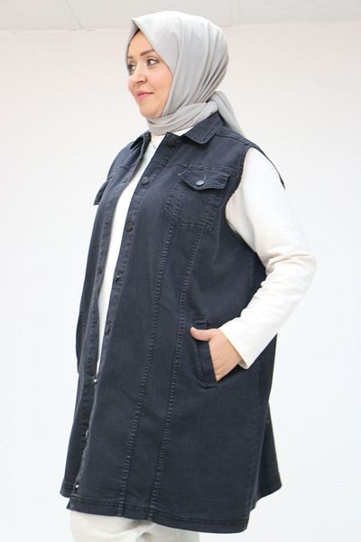 Eslina 34003 Plus Size Buttoned Denim Vest - Anthracite