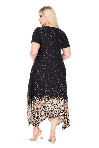 MELSAY Kadın Kısa Kol Asimetrik Siyah Puanlı Eteği Leopar Desen Büyük Beden Elbise