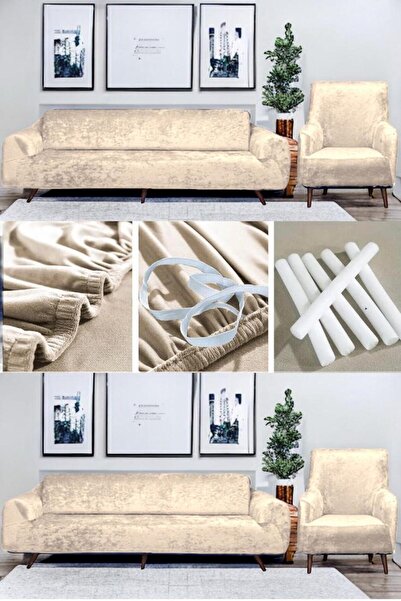 seltenet غطاء أريكة مخملي 3 3 1 1 - طقم غطاء أريكة (كريمي)