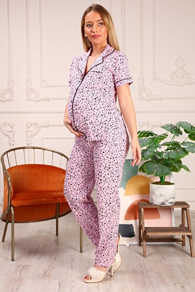 LadyMina Pijama Hamile Ve Lohusa Pembe Kalp Ikili Pijama Takımı