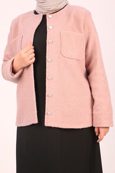 eslamood 33110 Plus Size Curly Lamb Button Jacket-Powder