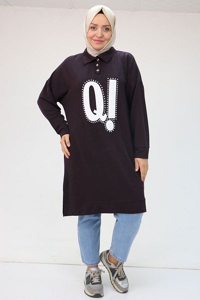 Eslina 48071 Plus Size Men's Printed Crystal Tunic with Collar - Plum