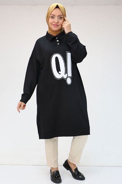 Eslina 48071 Plus Size Men's Printed Crystal Tunic with Collar - Black