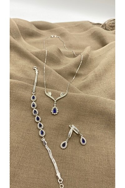 SURA SILVER LACİVERT DAMLA MODEL ÜÇLÜ RODYUM SET (KOLYE,BİLEKLİK VE KÜPE)