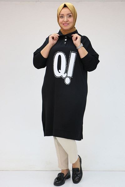 Eslina 48071 Plus Size Men's Printed Crystal Tunic with Collar - Black