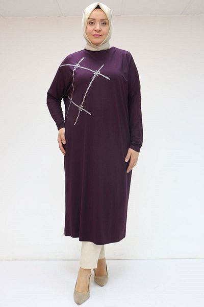 Eslina 58020 Plus Size Stone Printed Combed Cotton Tunic - Purple