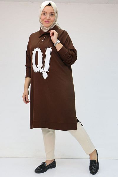 Eslina 48071 Large Size Men's Printed Crystal Tunic with Collar - Brown