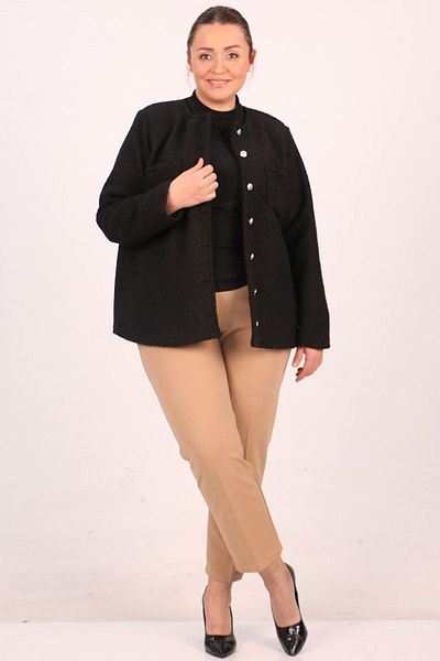 eslamood 33110 Μπουφάν με κουμπιά σγουρό αρνί Plus Size-Μαύρο