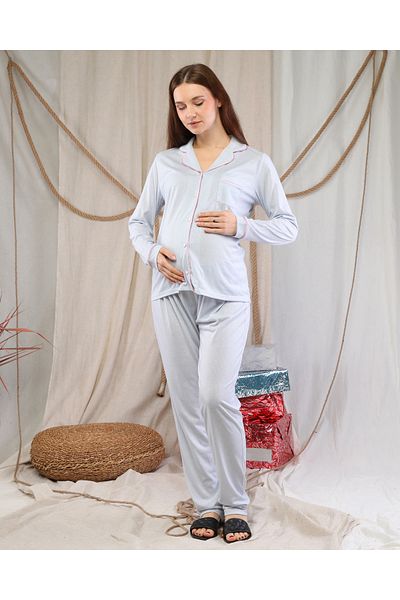 LadyMina Pijama Set de pijamale de maternitate și de maternitate cu dungi albastre - Piping din in