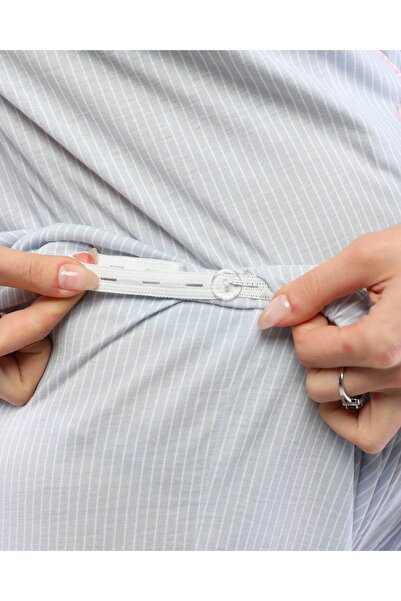 LadyMina Pijama Hamile Lohusa Mavi Çizgili penbe seten biyeli Pijama Takımı