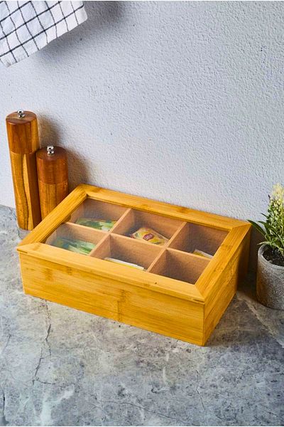 Woodcept 6 Compartments Clear Bamboo Sachet Tea Storage Organizer Box, Bamboo Accessory Jewelry Organizer Box