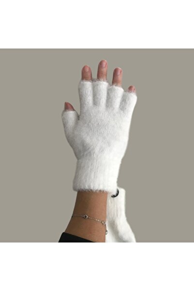 MODA Esnek Yumuşak Dokulu, Peluş Parmaksız Eldiven- Yarim Parmak Eldiven - BEYAZ Triko Örme Eldiven