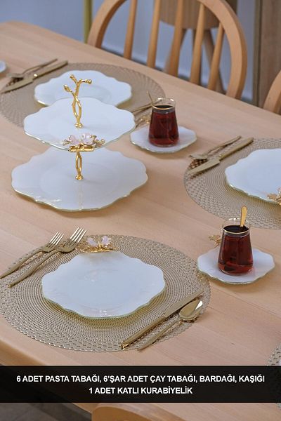 Glore Dolmabahçe Lotus Cream Gold Gilded 25 Piece Cake Set for 6 People