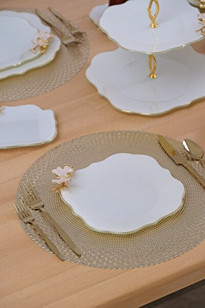 Glore Dolmabahçe Lotus Krem Altın Yaldızlı 6 Kişilik 25 Parça Pasta Takımı