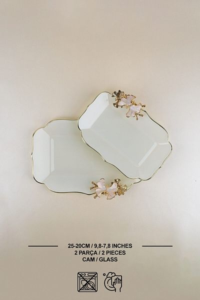 Glore مجموعة أطباق كاياك زجاجية مكونة من قطعتين من Dolmabahce Lotus Cream