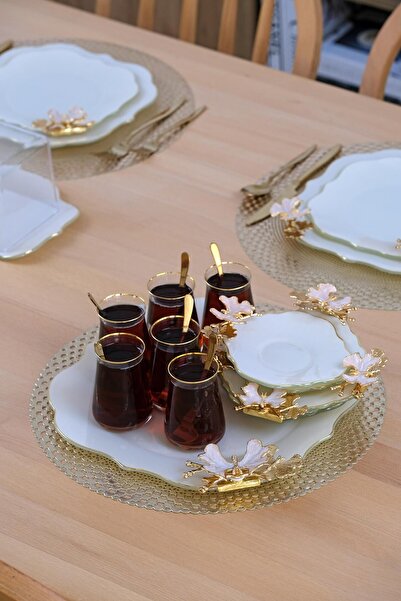 Glore Dolmabahce Lotus Cream Gold Gilt Glass Tray