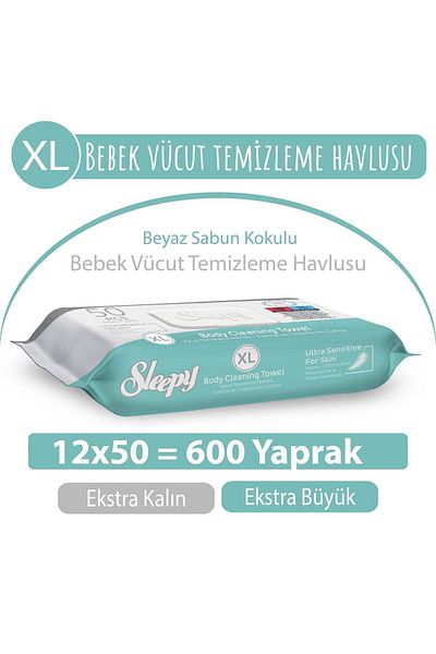 Sleepy 12x50 (600 Sheets) XL White Soap Scented Baby Body Cleaning Towel