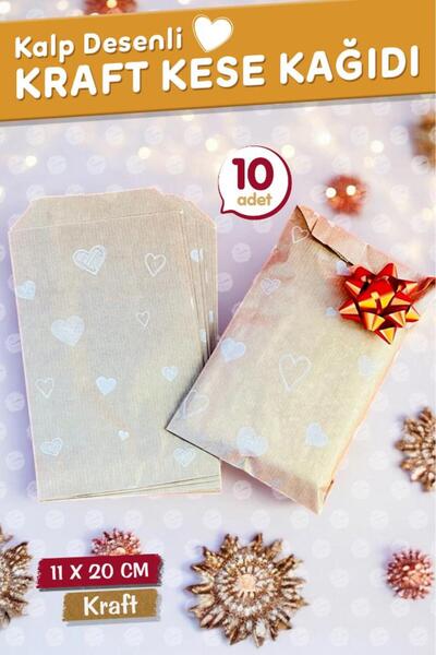 t tuğset etiket Kalp Desenli Kese Kağıdı, Kraft 11x20cm - 10 Adet-T1206