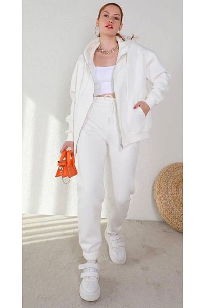 aynewmoda Set de trening de iarnă cu glugă cu fermoar complet pentru femei