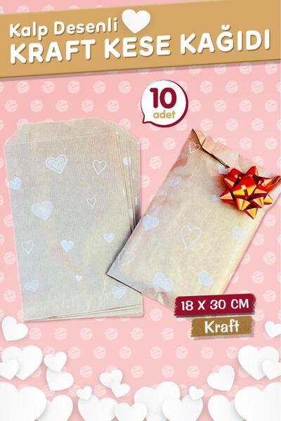 t tuğset etiket Kalp Desenli Kese Kağıdı, Kraft 18x30cm - 10 Adet-T1207