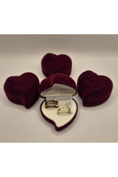 CAN FLOK ÜSTÜ GÜLLÜ ÇİFT ALYANS BORDO YÜZÜK KUTUSU - 2 ÇELİK YÜZÜK HEDİYELİ ( KADIN - ERKEK )