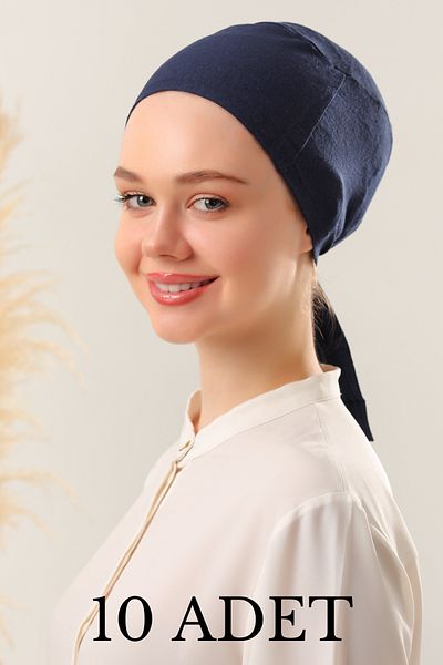 Melodi Scarf Γυναικείο σετ χωρίς ραφή Hijab Καπό Navy Blue 10 τεμαχίων Δεμένο χτενισμένο βαμβακερό καπό