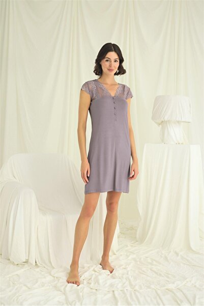 MONAMİSE Monamise Women's Sleeves Shoulder and Lapel Lace Front Buttoned Nightgown 18639