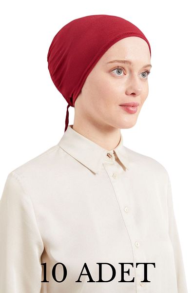 Melodi Scarf Women's Hijab Seamless Set Bonnet Burgundy 10Pcs Laced Combed Cotton Bonnet