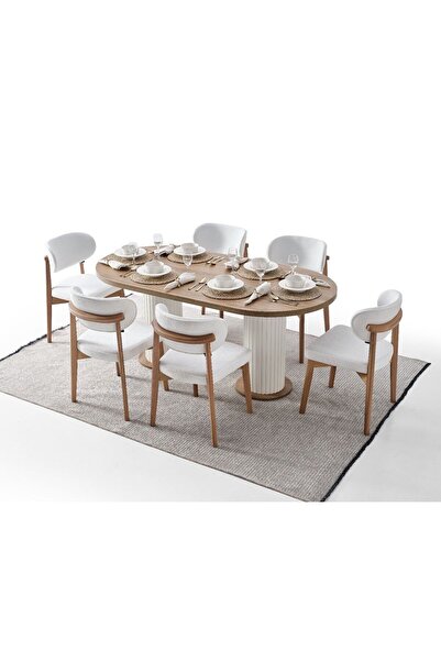 İSM MOBİLYA Nergis Elips Bohem 6 Sandelyeli Bohem Yemek Masa Takımı
