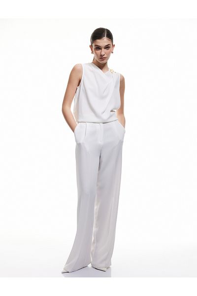 Koton Sleeveless Crepe Blouse with Asymmetrical Neckline Draped Metal Accessories