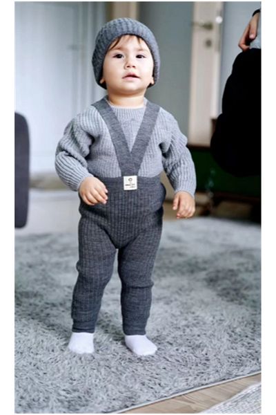 gogo bici Unisex Knitwear Cross Strap Sweater Beret Baby Salopet Set