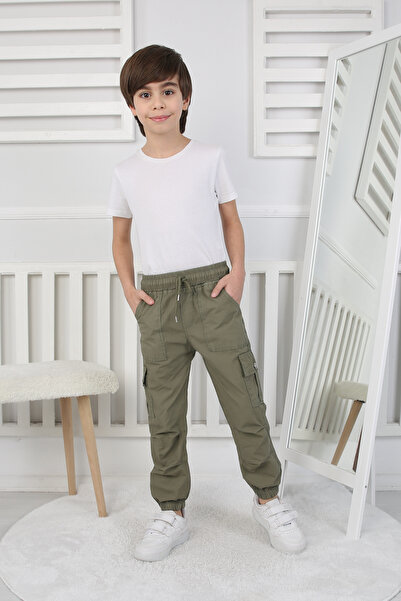 e-çocuk Boy's Khaki Trousers with Commander Pockets and Elastic Waist 2521